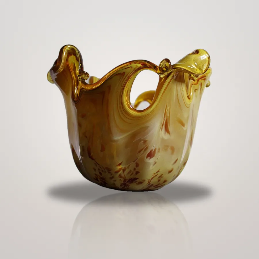 Large amber and white swirl glass vase with a ruffled rim