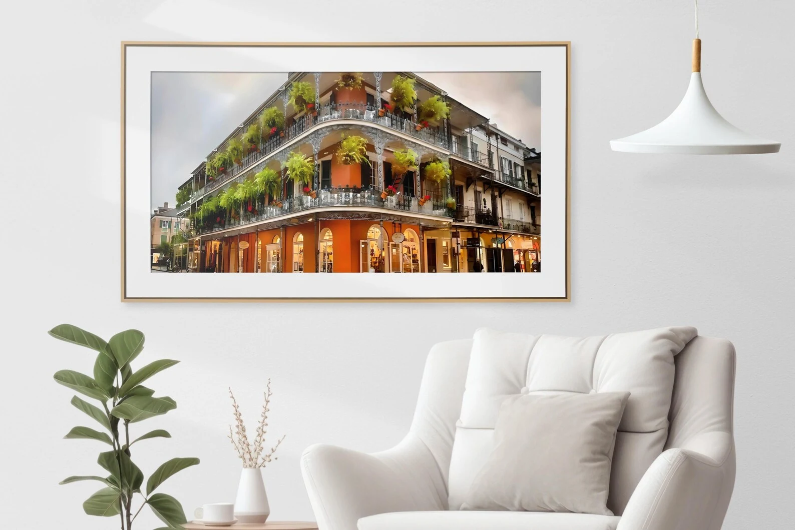 New Orleans French Quarter art print framed in a styled room